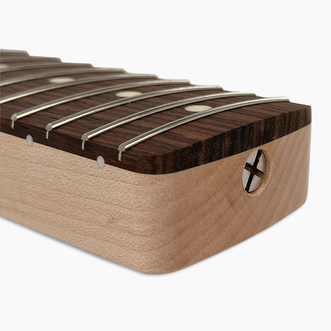 Replacement guitar neck for Stratocaster up close angled view of bottom