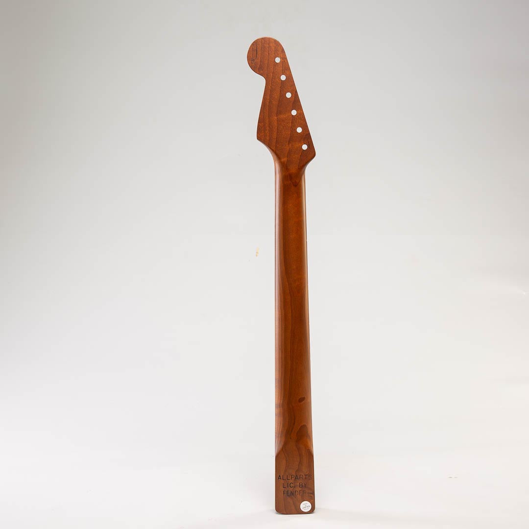 roasted maple strat neck with rosewood fretboard back view