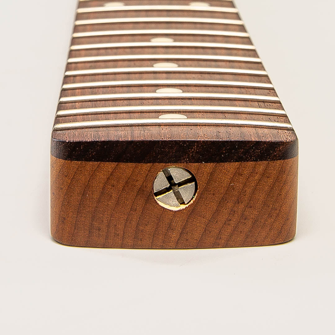 roasted flame maple strat neck with rosewood fretboard heel view