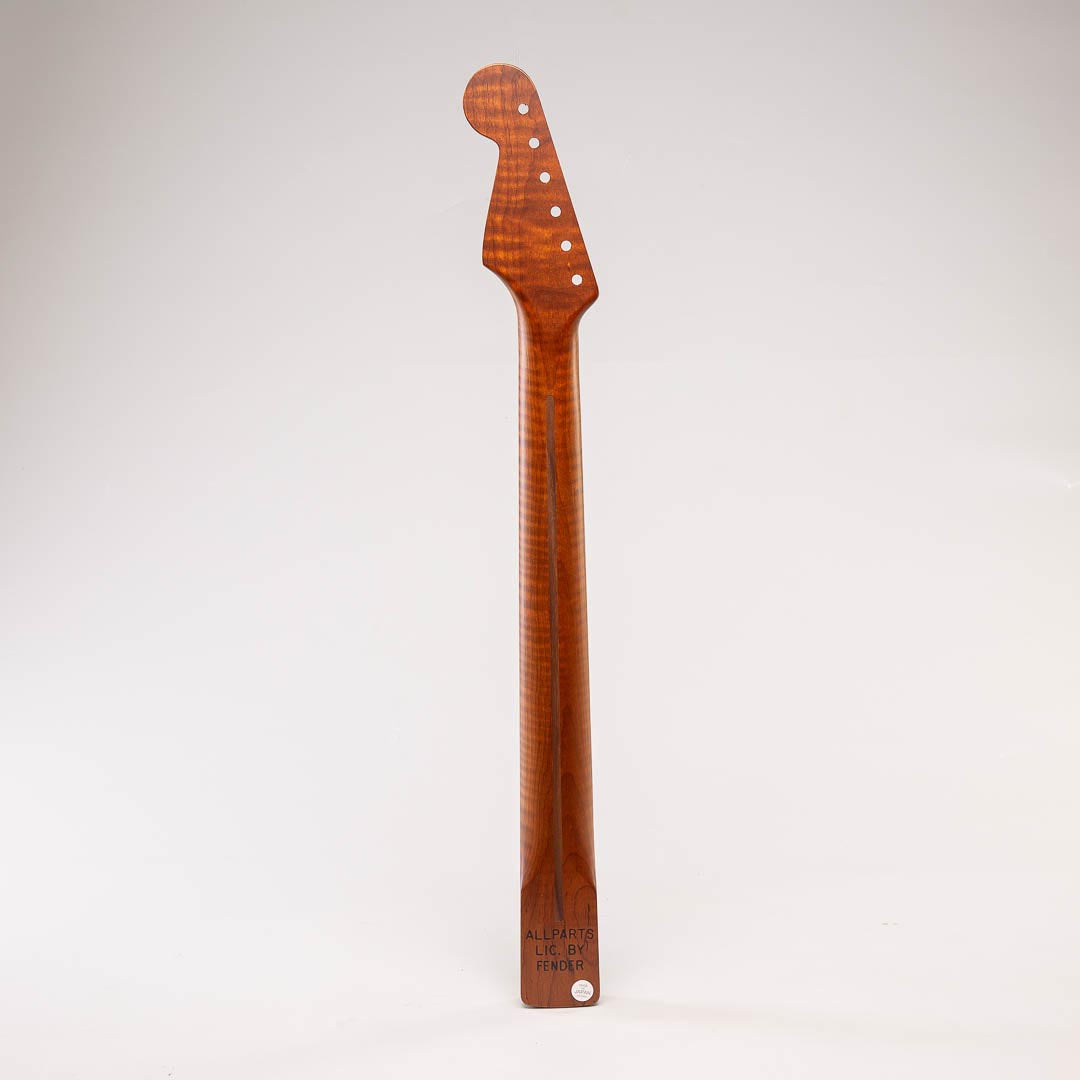 roasted flame maple strat neck back view