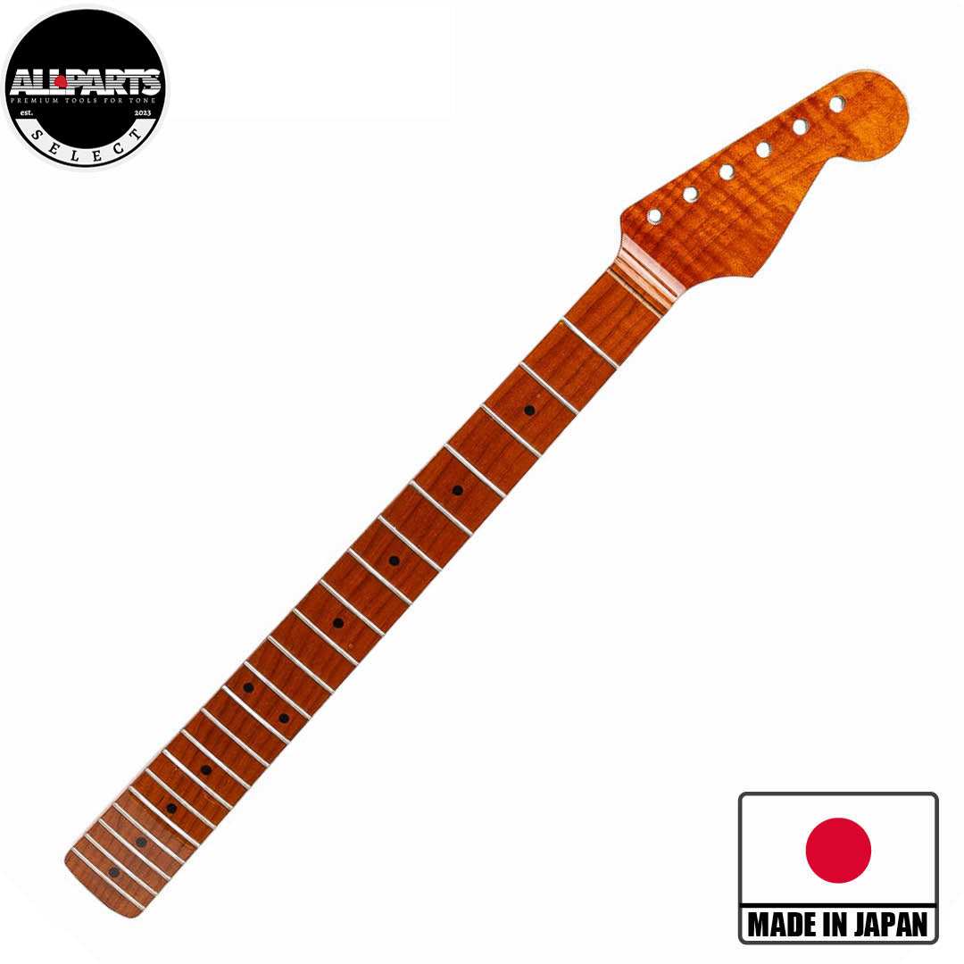 roast maple strat neck front diagonal view with badges