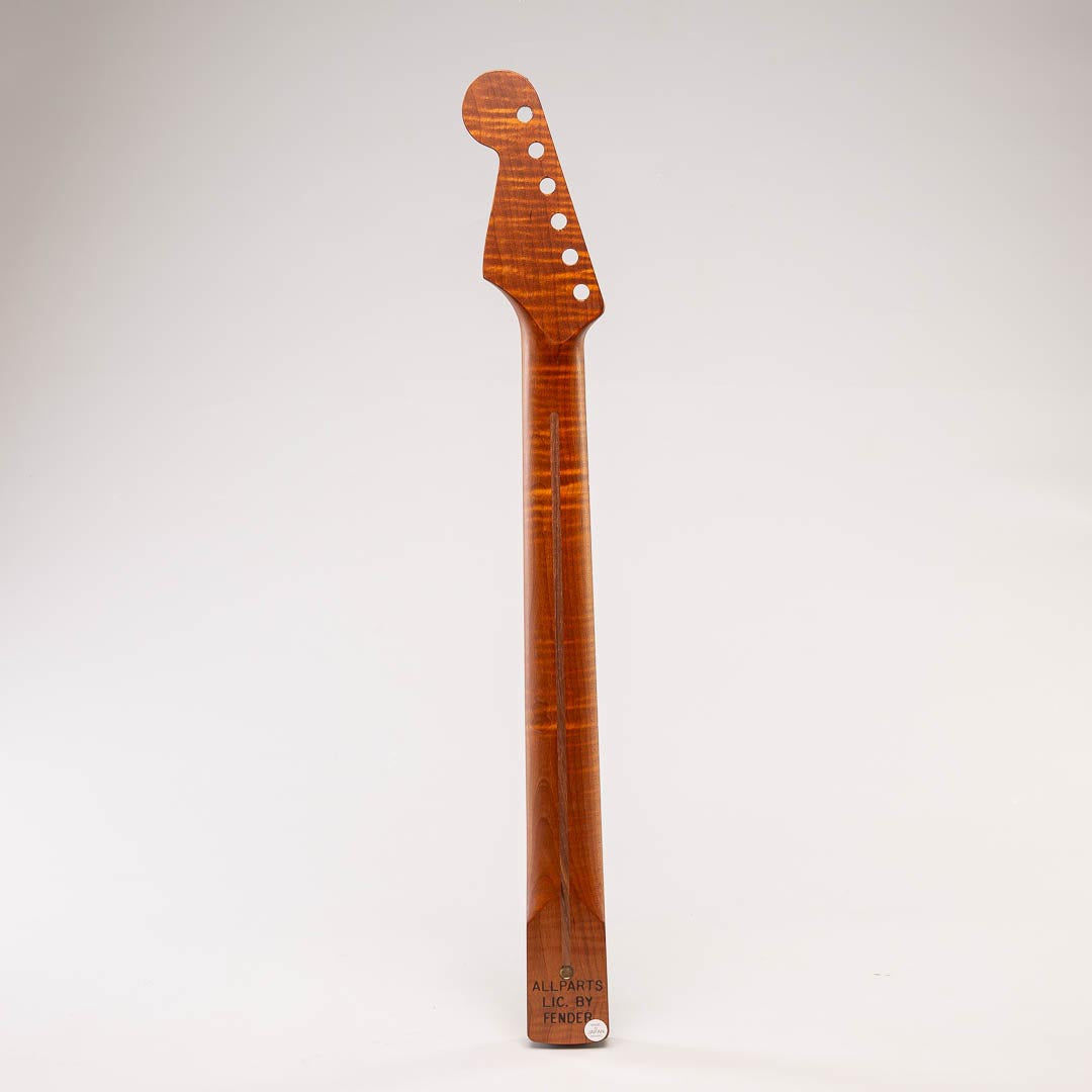 allparts roasted flame maple strat neck with rosewood fretboard back view