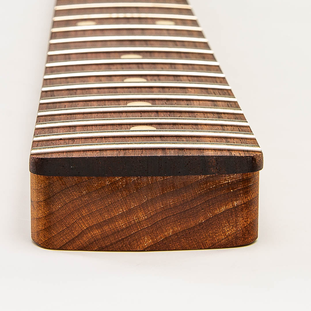 allparts roasted flame maple strat neck with rosewood fretboard heel view