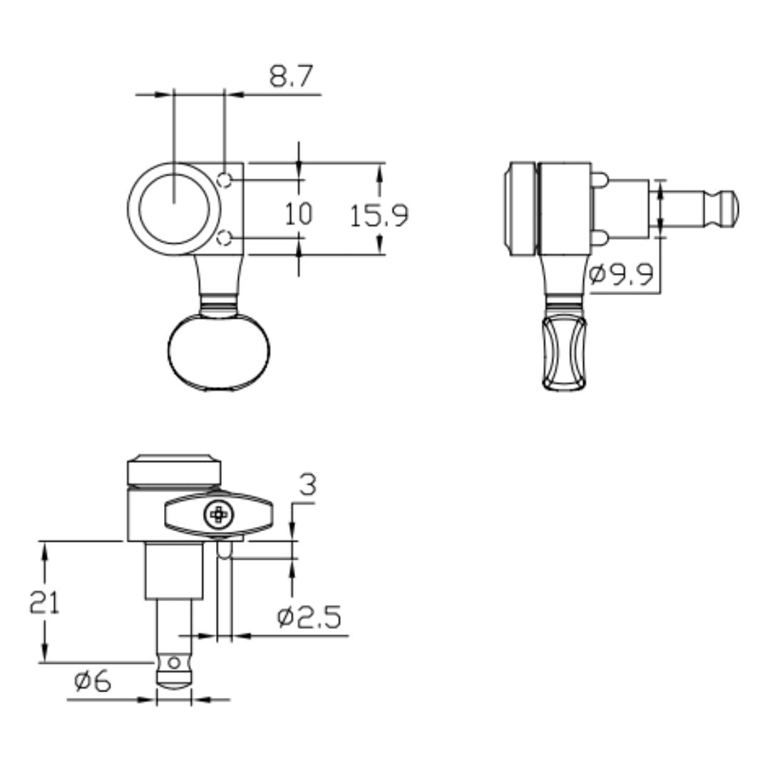 2 pin locking 6 in line tuner line drawing