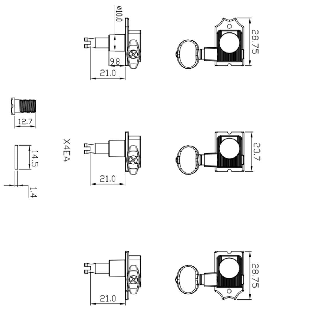 true tune 6 in-line keys w/ oval button line drawing