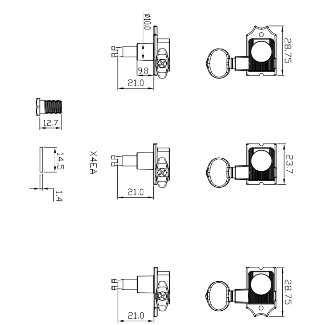 true tune 6 in-line keys w/ white plastic oval buttons line drawing