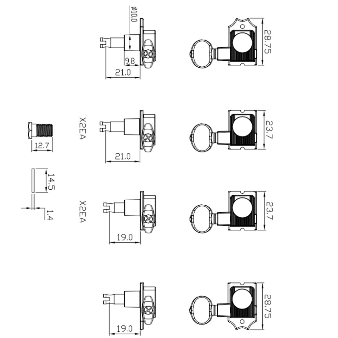 true tune 6 in-line staggered post keys w/ oval button line drawing