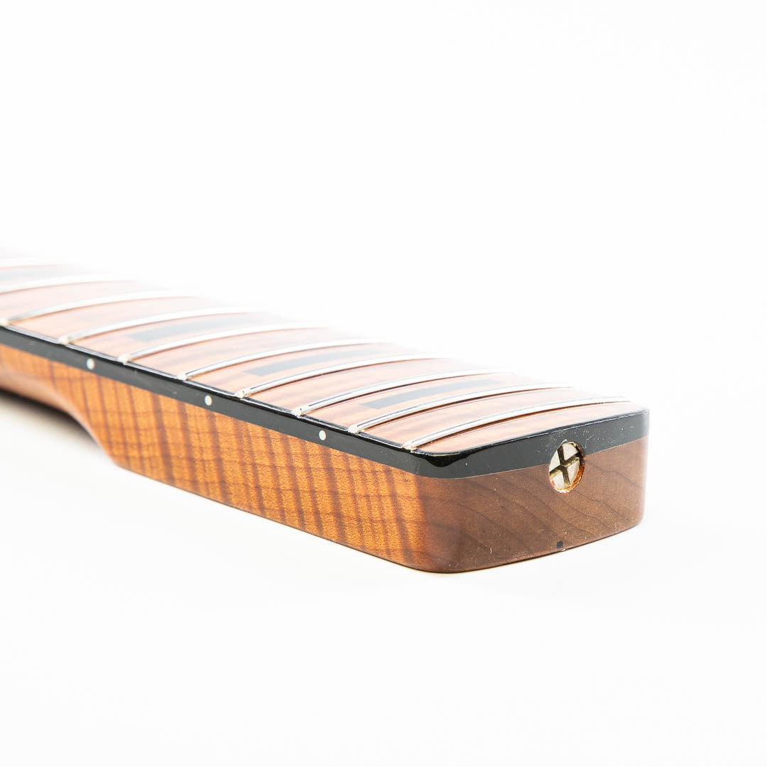 ap select tribute tom sawyer roasted AAA+ maple bass neck angled heel view