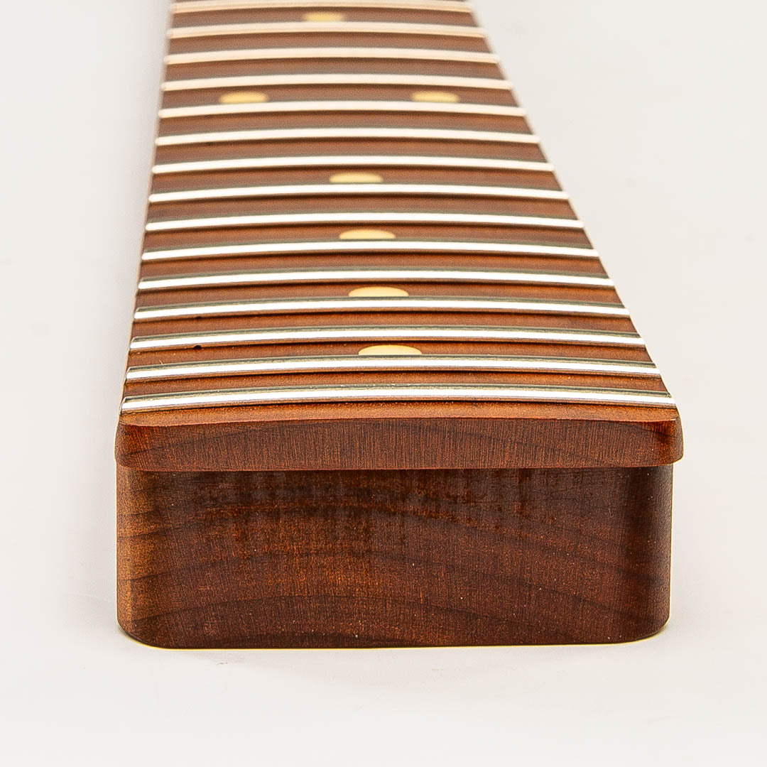 roasted flame maple tele neck heel view