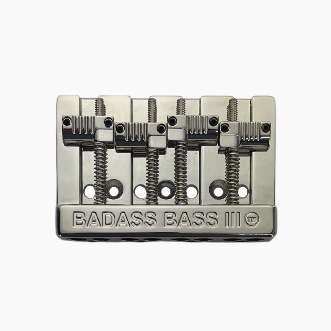 nickel front view of 4-string bass bridge version 3 with grooved saddles