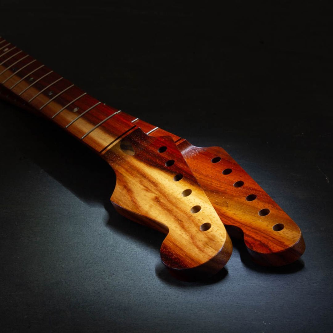 two padauk guitar necks drama, angled front view