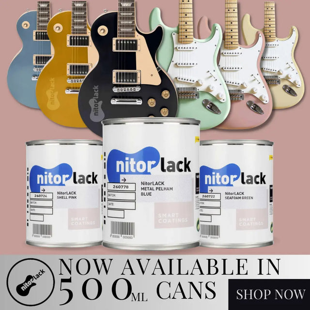 promo for nitorlack paint and group of painted guitars