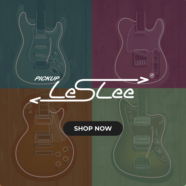 2x2 grid with colorful guitars with the words Leselee pickup and shop now