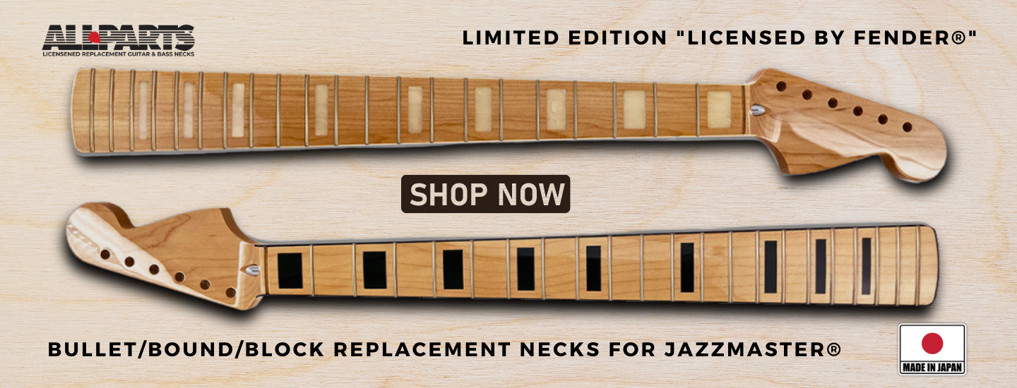 two guitar necks parallel to each other with the words "limited edition licensed by Fender" across the top and "Bullet/ bound/ block replacement necks for Jazzmaster" across the bottom