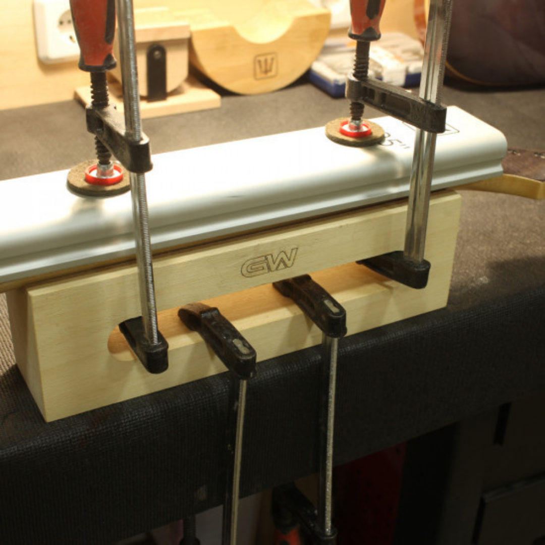 tall Guitar neck support caul in use side view