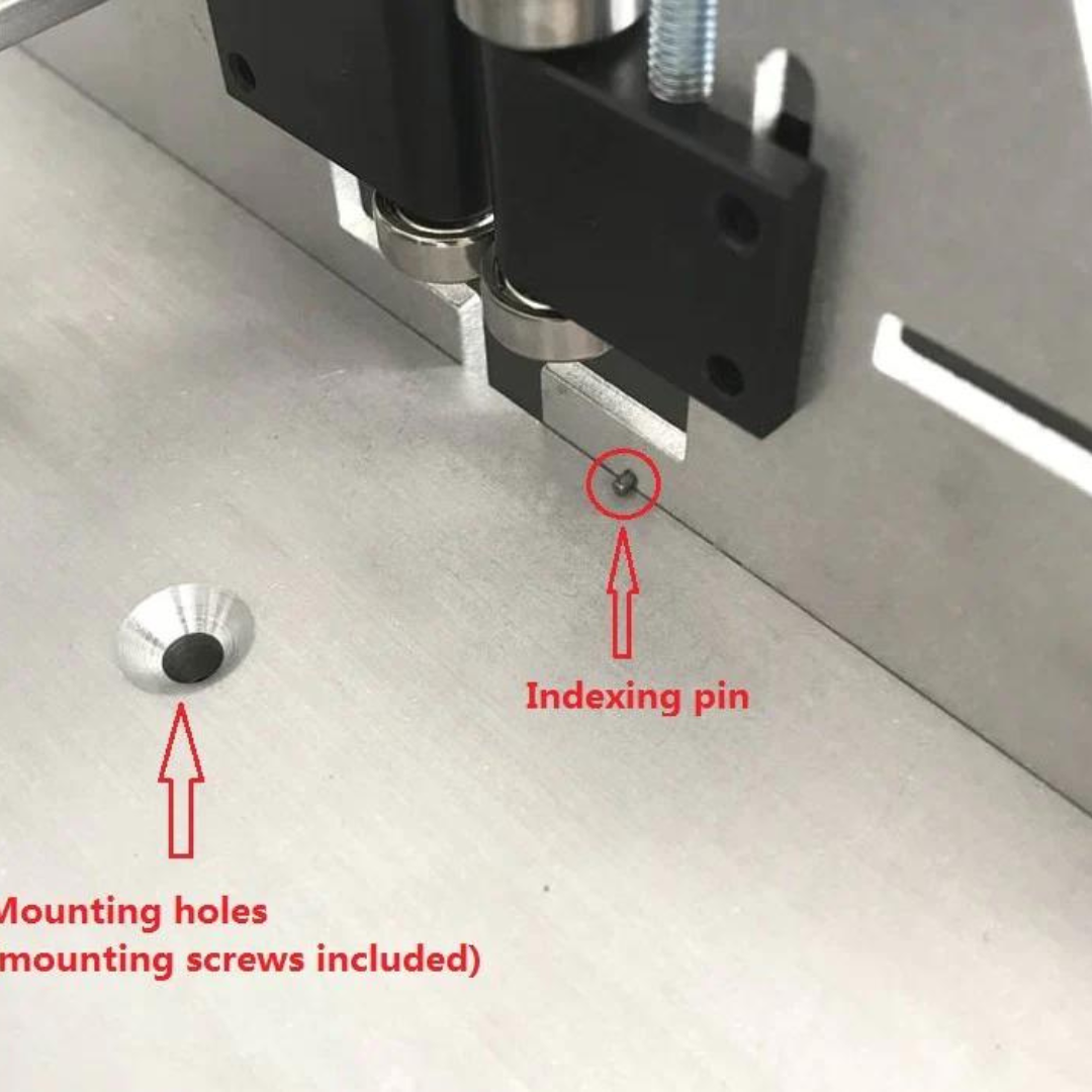 up close view of mounting holes and indexing pin