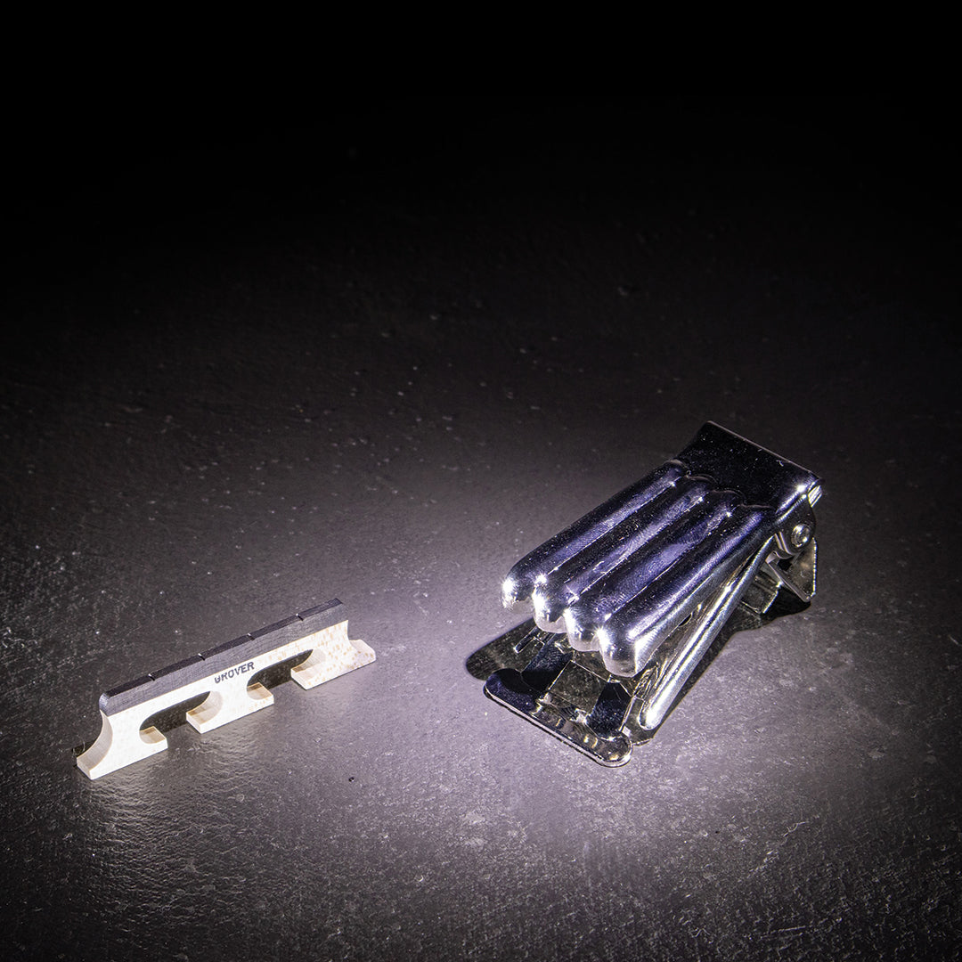 4 string banjo bridge and tailpiece angled views