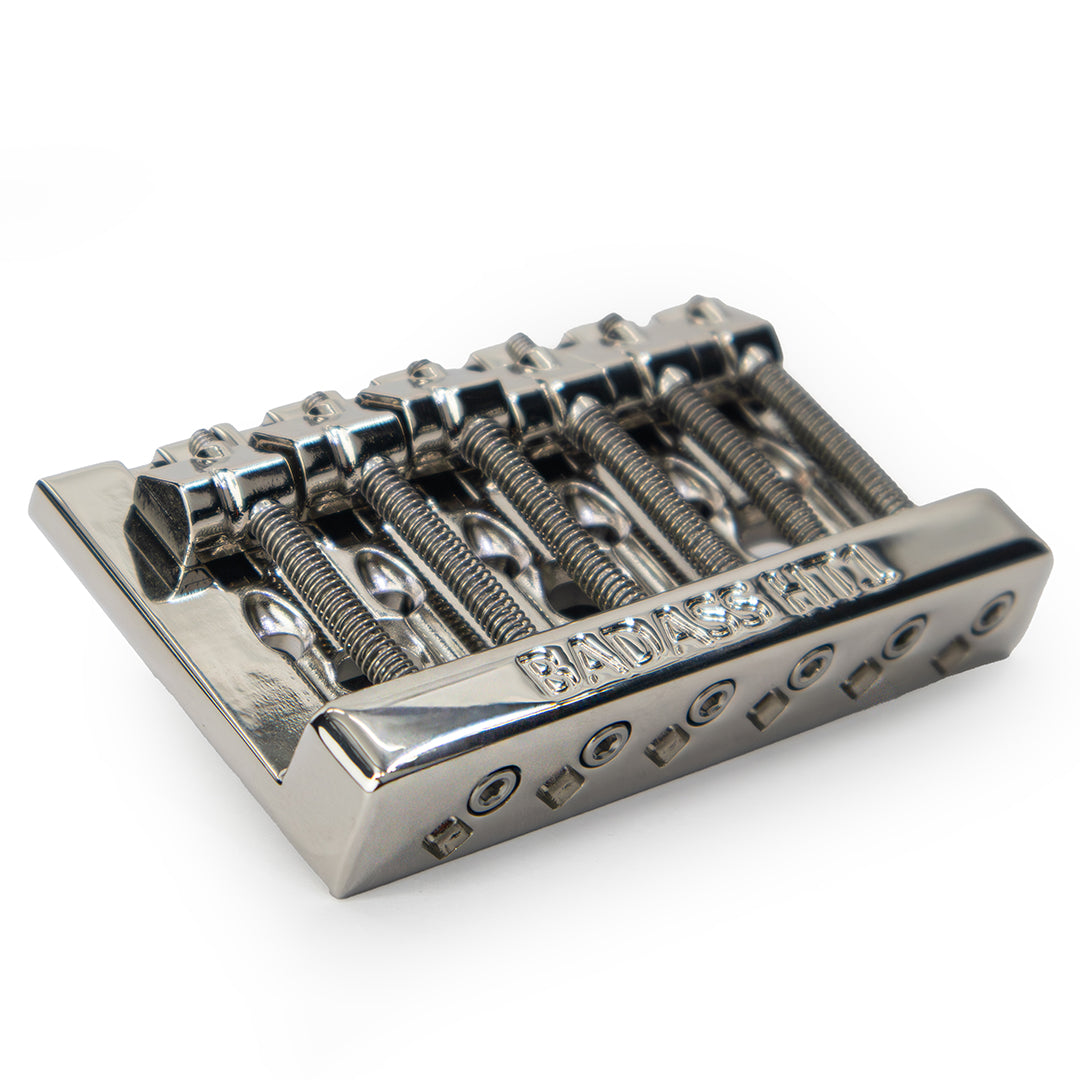 Badass HT1 guitar bridge angled left view nickel finish