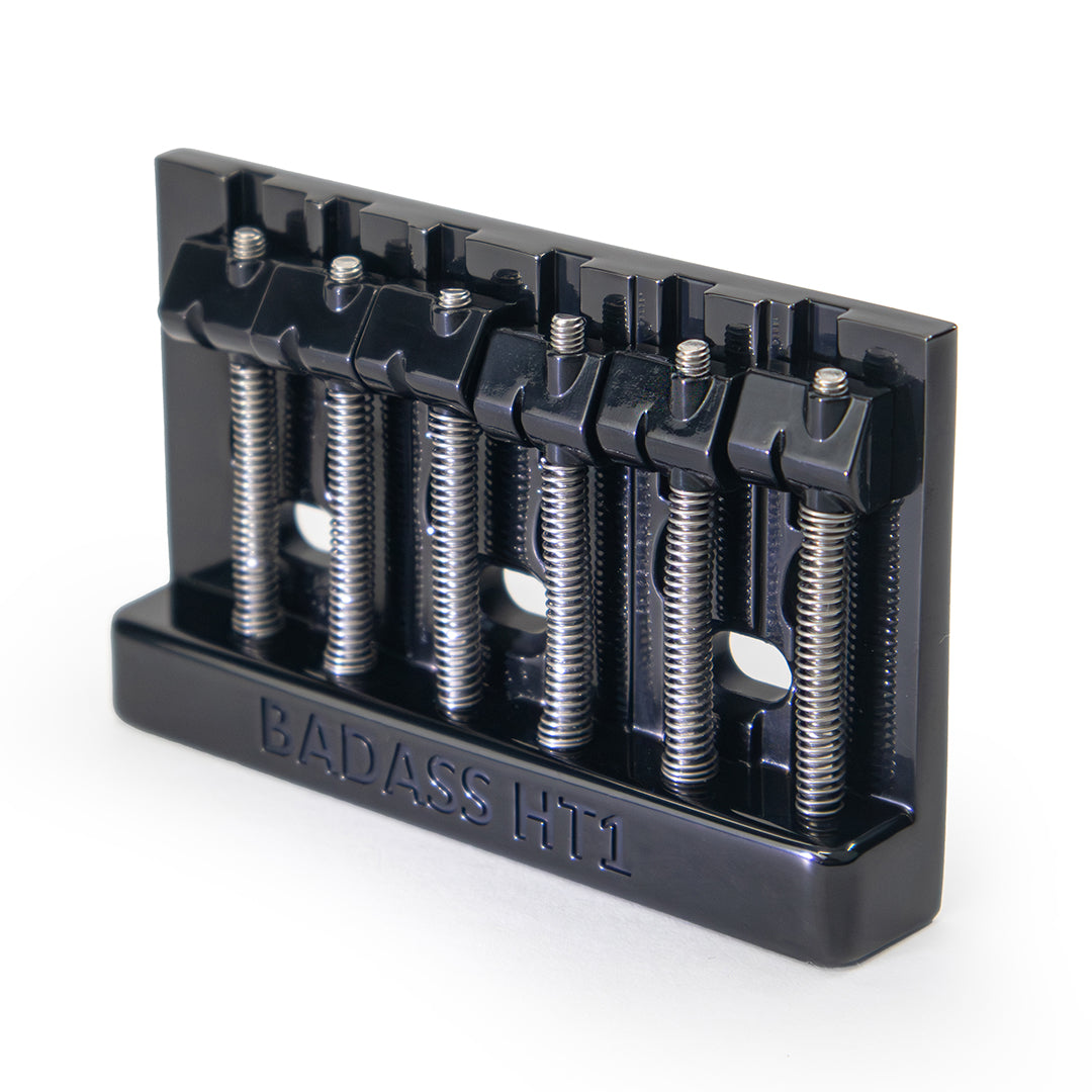 Badass HT1 guitar bridge angled left view black finish