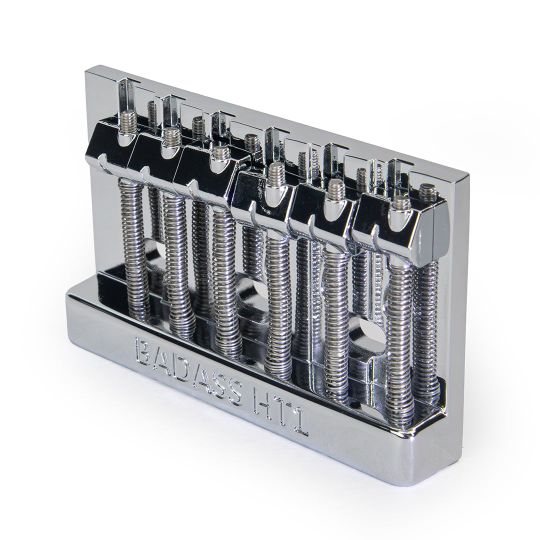 Badass HT1 guitar bridge angled left view chrome finish