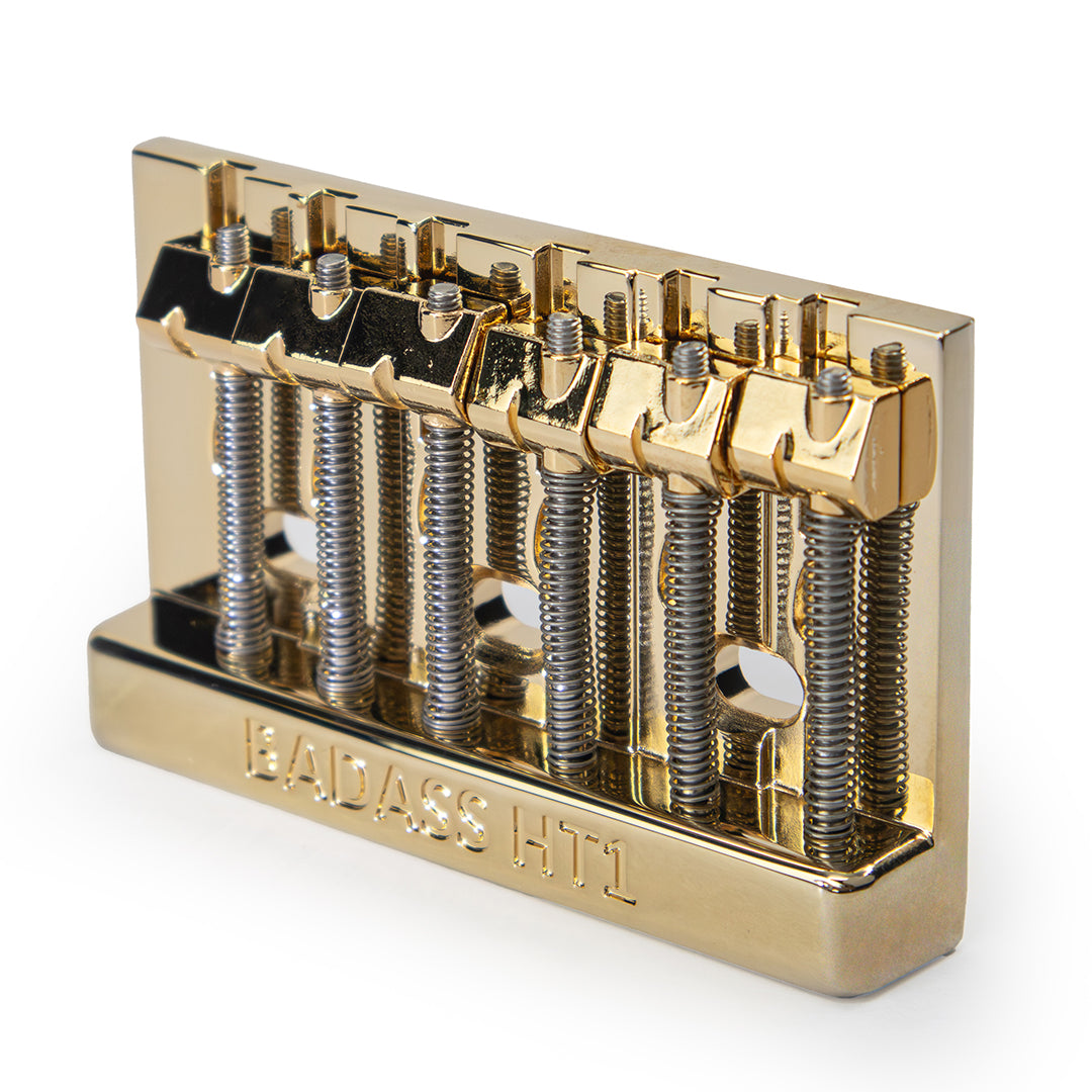 Badass HT1 guitar bridge angled left view gold finish
