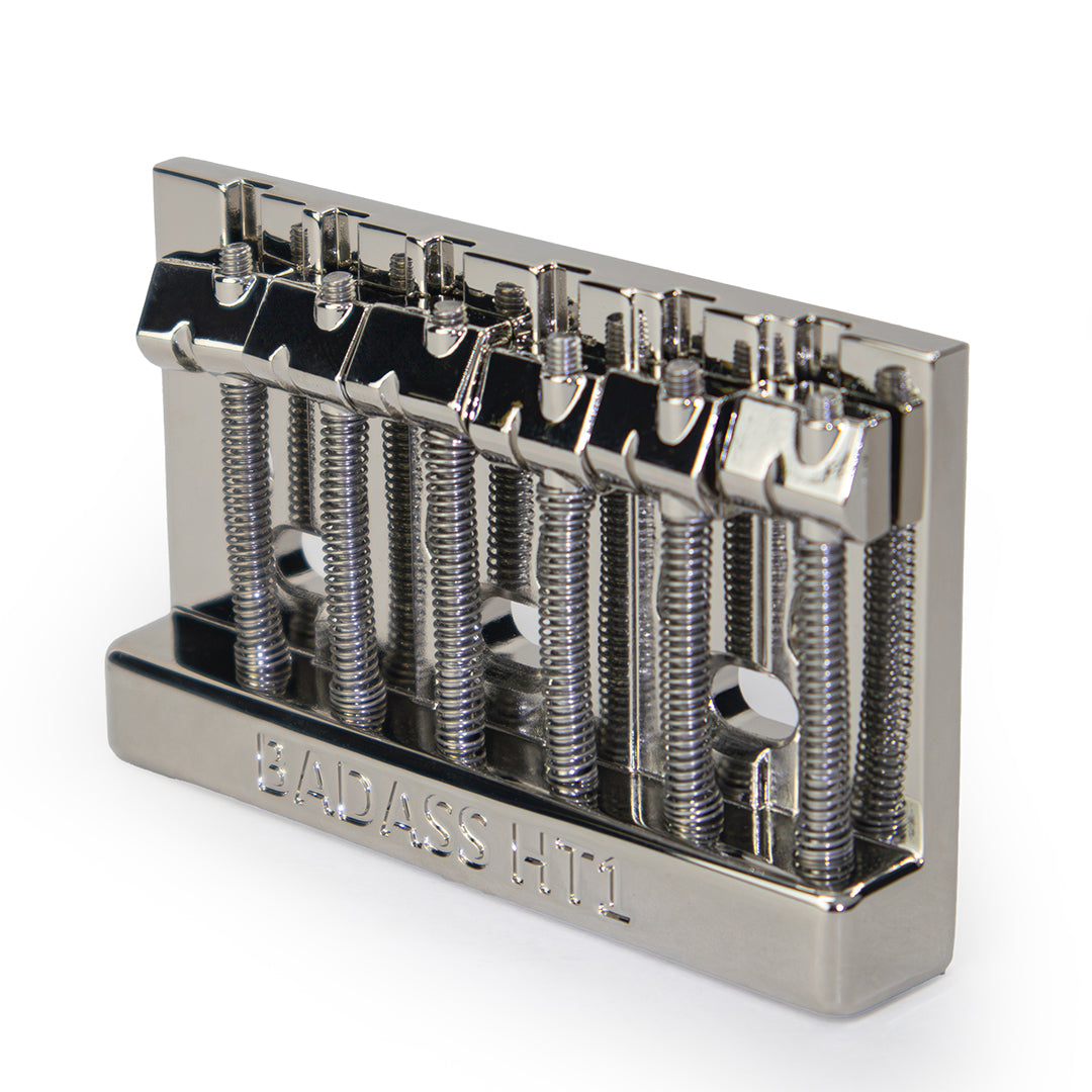 Badass HT1 guitar bridge angled left view nickel finish