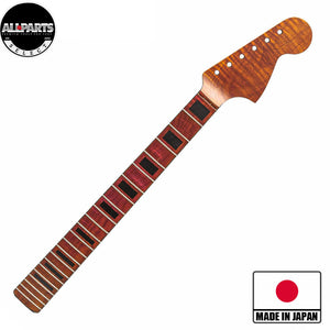 roasted flame maple jaguar neck front diagonal view with badges
