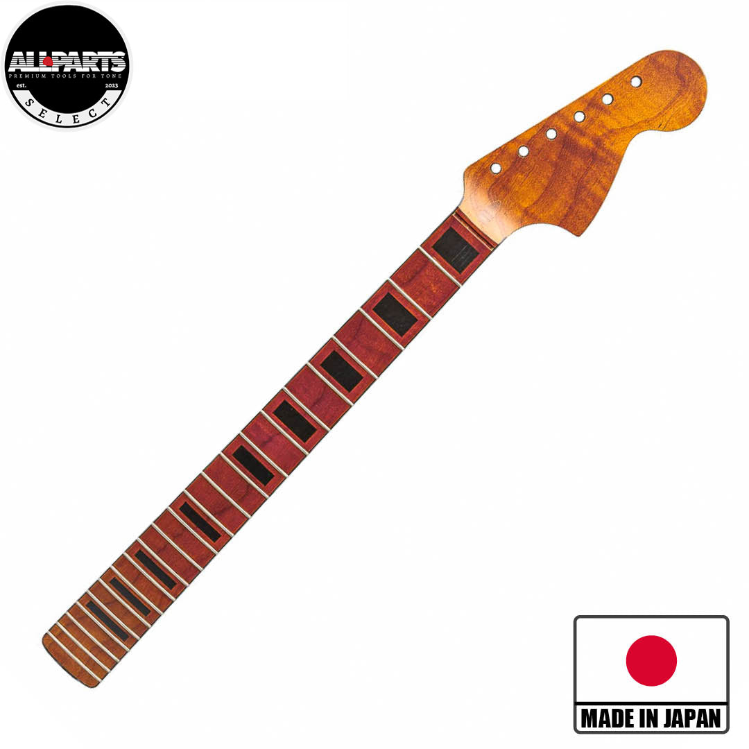 roasted maple jaguar neck front diagonal view with badges