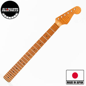 ap select layla roasted flame maple neck front angled view with badges