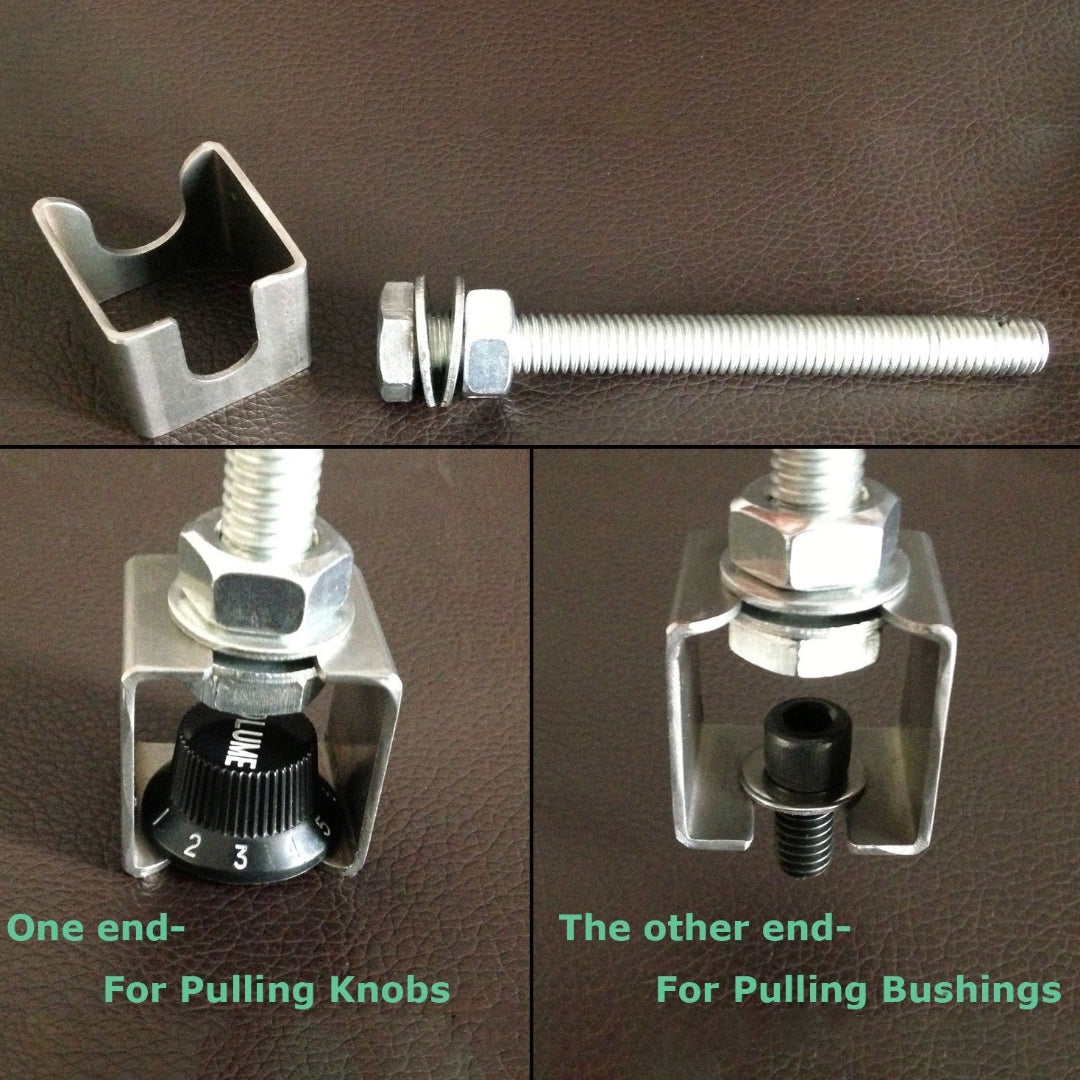 Metal tool with two ends for pulling knobs and bushings on a brown background
