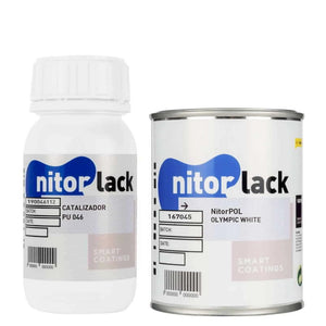 bottle of catalyst and a can of olympic white paint