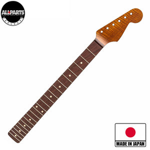 roasted flame maple strat neck with rosewood fretboard front diagonal view with badges
