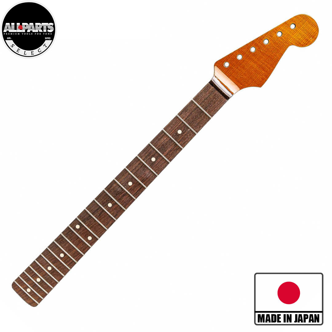 roasted quartersawn maple strat neck with rosewood fretboard front diagonal view with badges