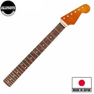 roasted quartersawn maple strat neck with rosewood fretboard front diagonal view with badges