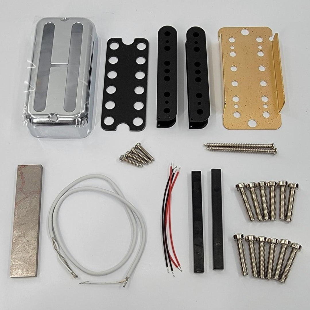 pickup kit with screws, wire, plates, cover, magnets, and spacers