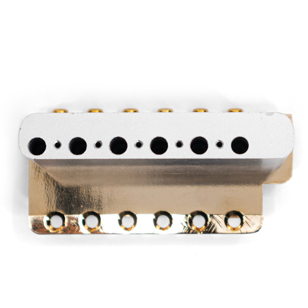 goldo strat trem with steel block underside view gold