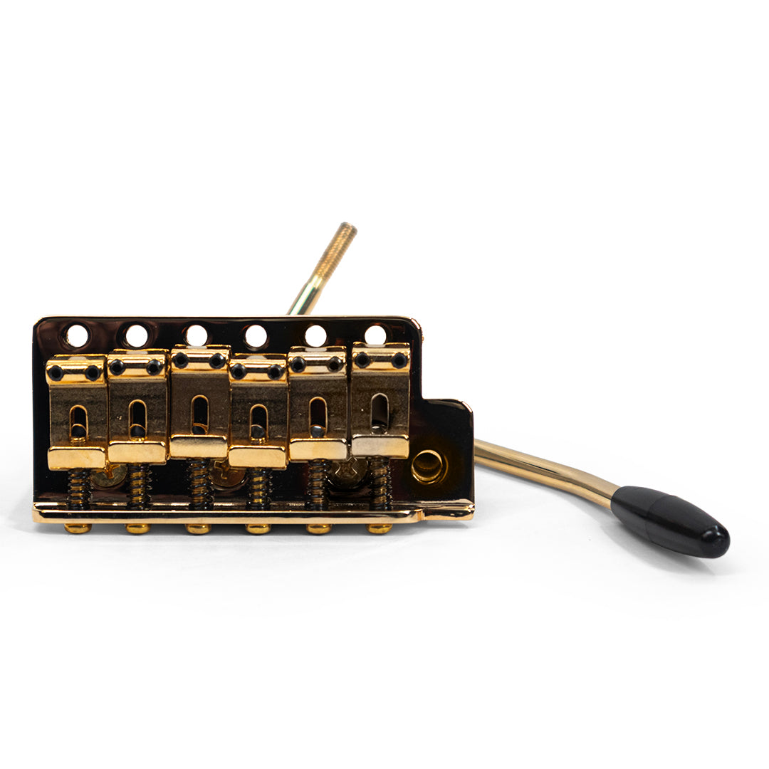 goldo strat trem with steel block top view with trem arm gold