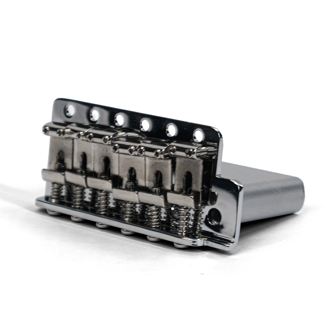 goldo strat trem with steel block front angled view chrome
