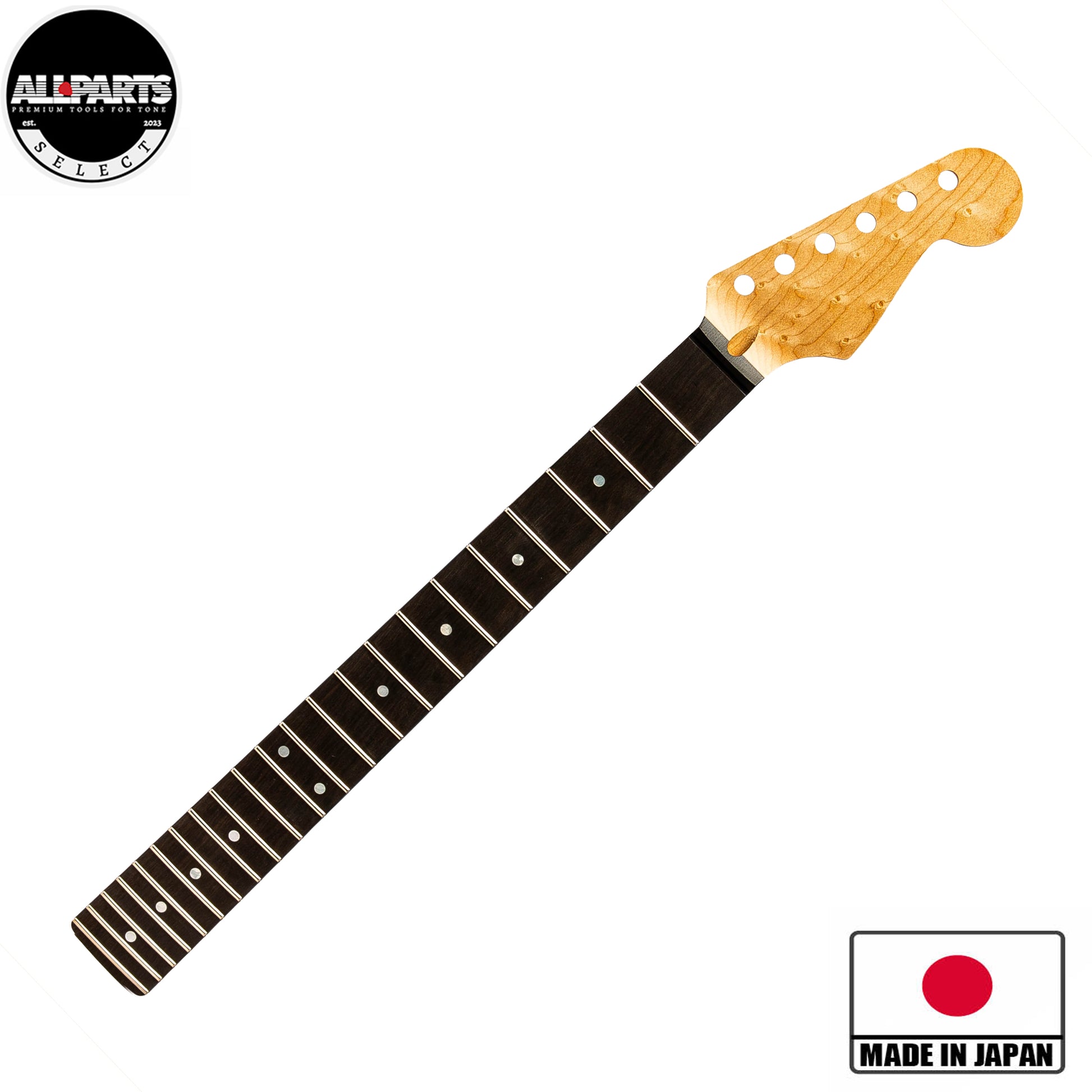 ap select birds eye maple strat neck front angled view with badges