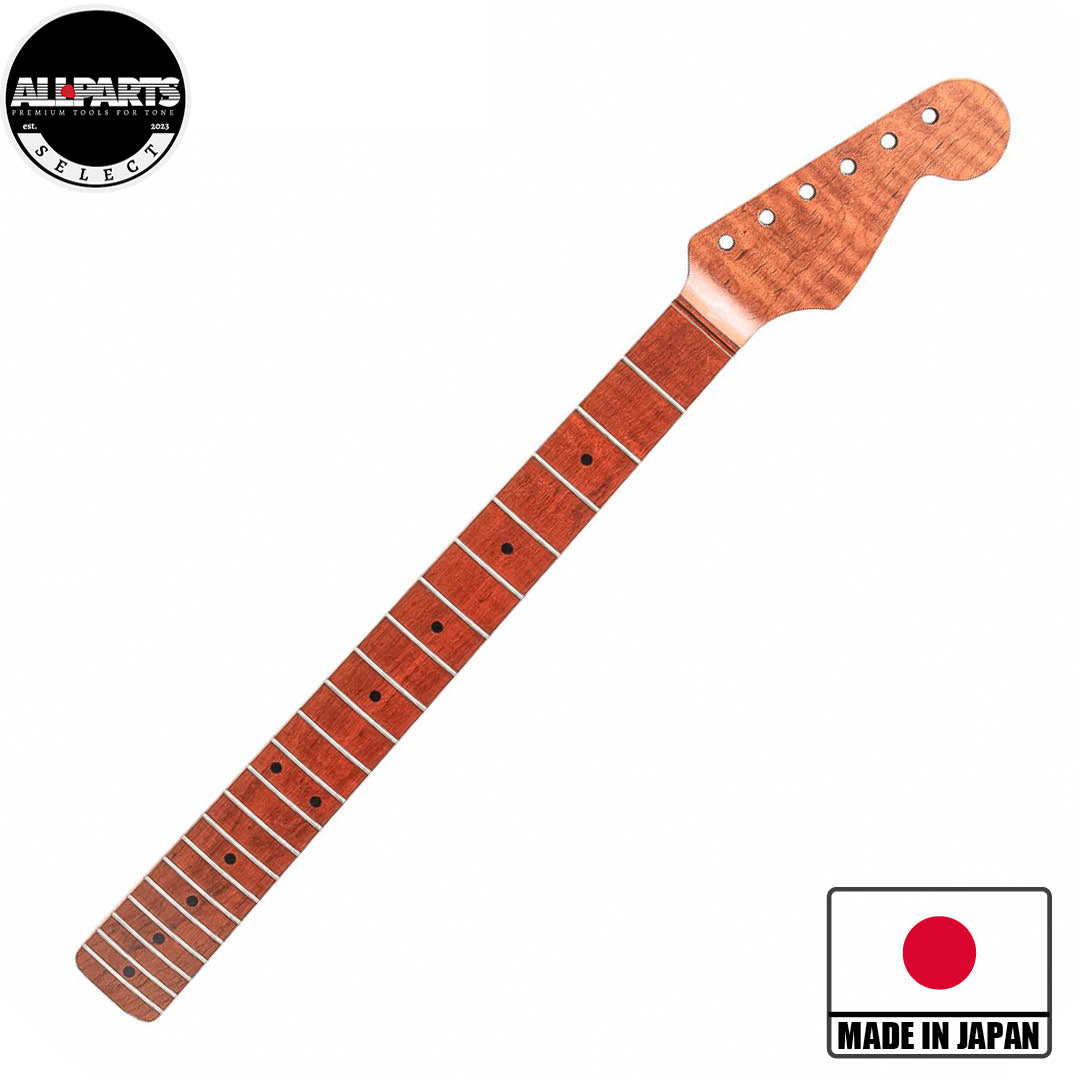 roasted flame maple strat neck front diagonal view with badges
