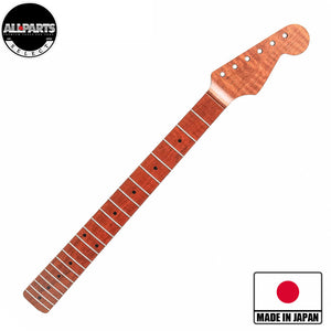 roasted flame maple strat neck front diagonal view with badges