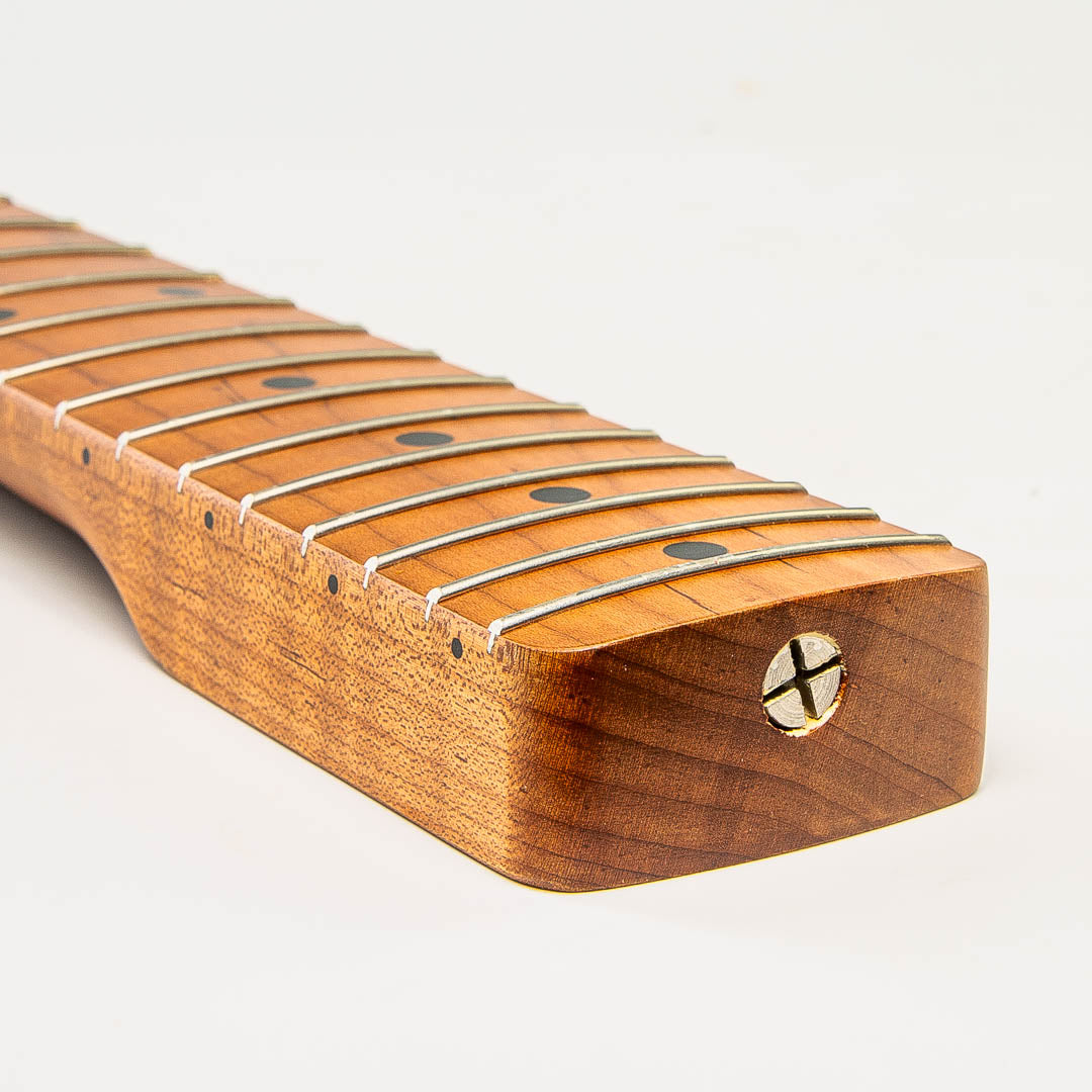 roasted maple strat neck angled heel view