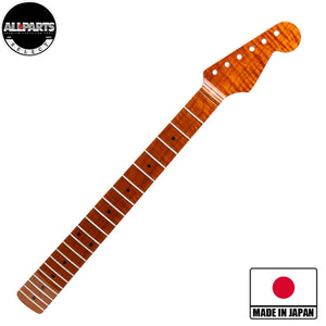 roast flame strat neck front diagonal view with badges