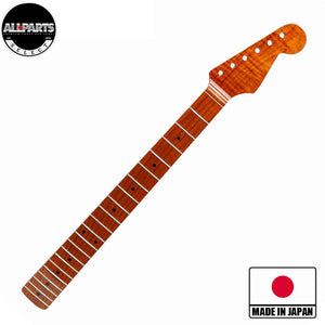 roast maple strat neck front diagonal view with badges