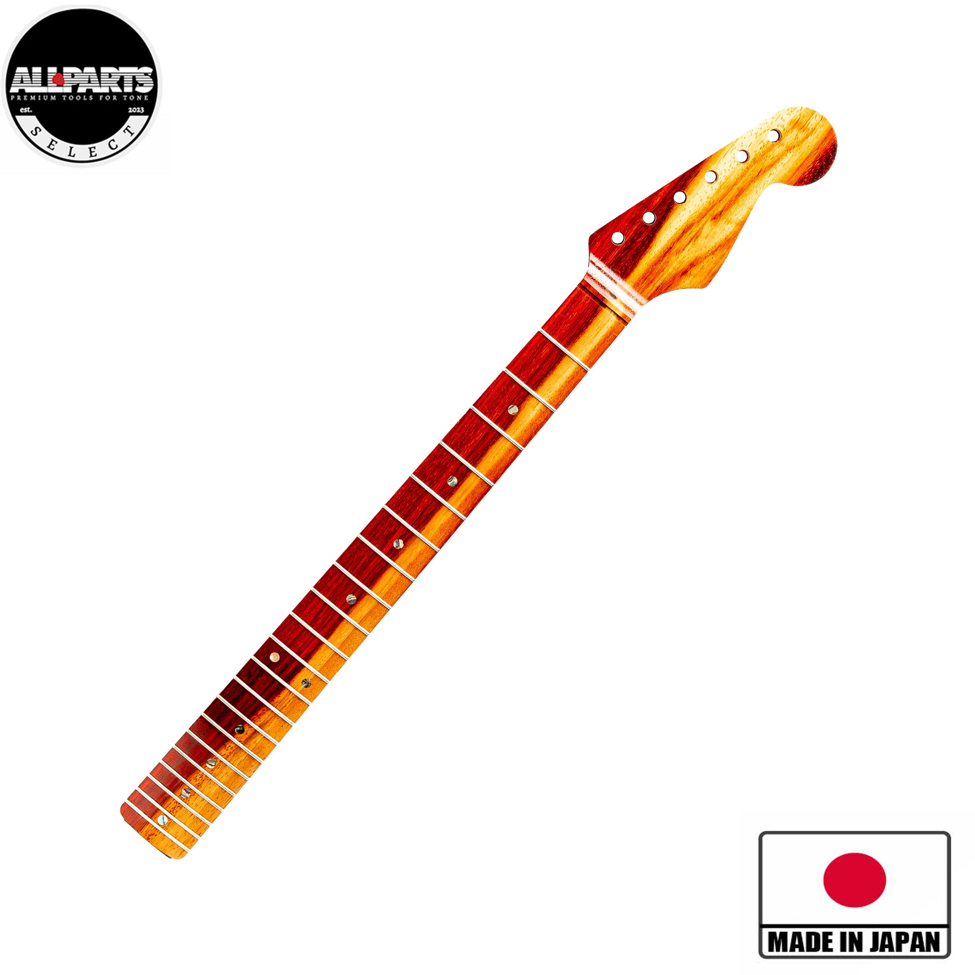 ap select padauk strat neck front angled view with badges