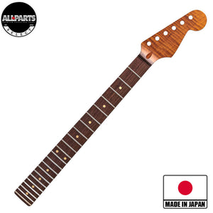 allparts roasted flame maple strat neck with rosewood fretboard front diagonal view with badges 