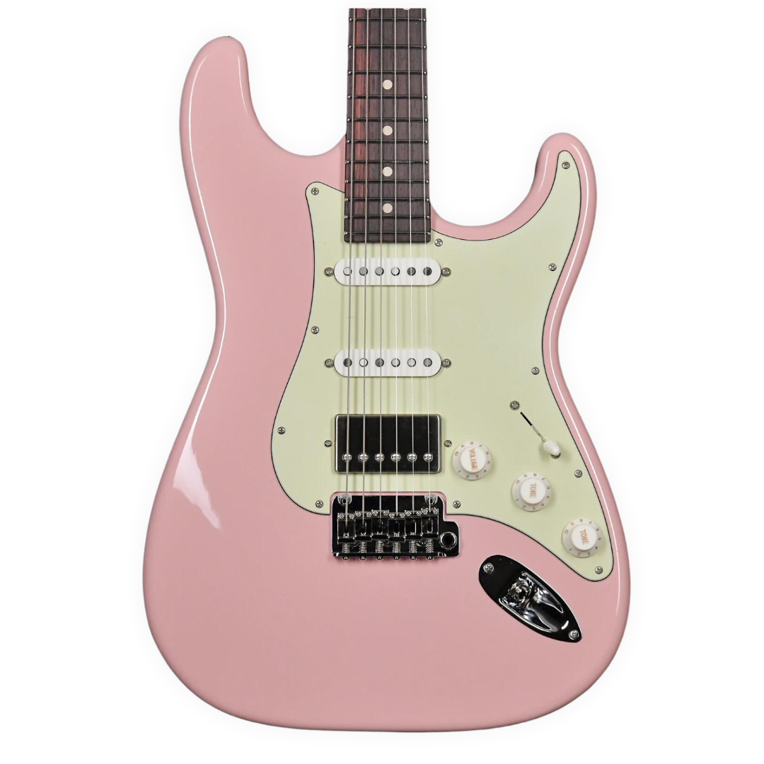 pink super strat guitar