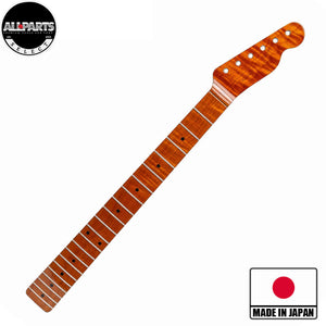 roasted flame maple tele neck front diagonal view with badges