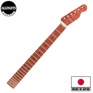 roasted flame maple tele neck front diagonal view with badges