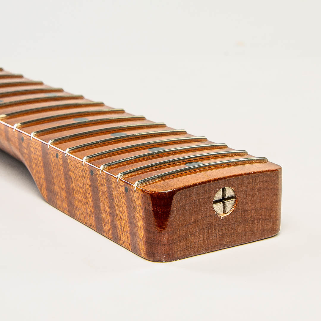 roasted flame maple tele neck angled heel view
